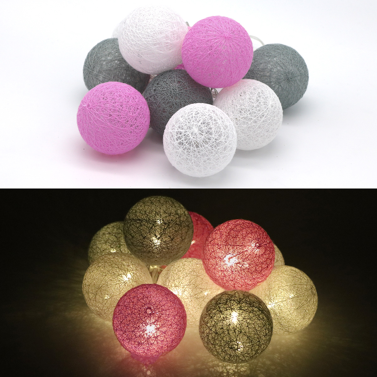 LED-Lichtkugeln, Pink-Grau Edition, 10er Kette, Batteriebetrieben
