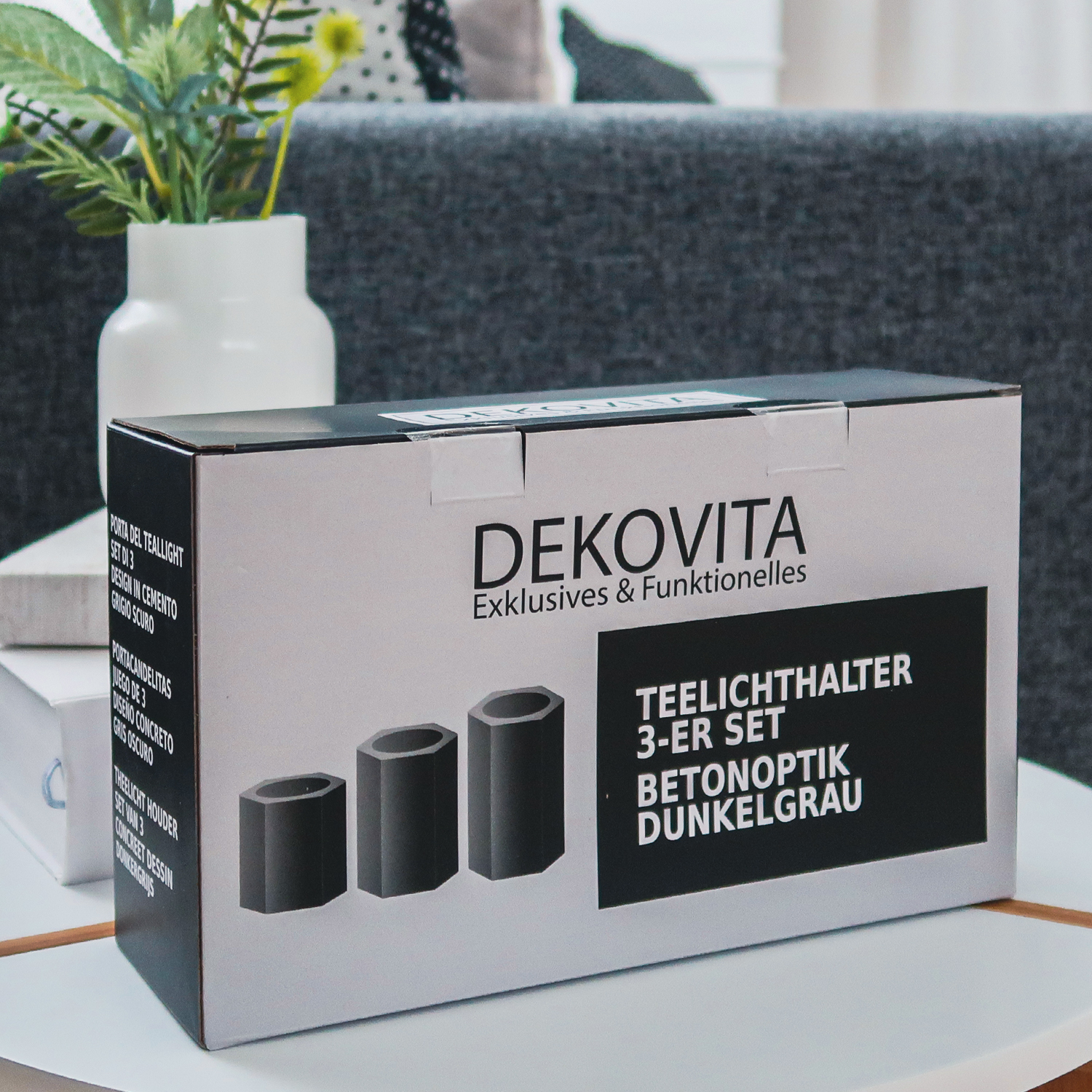 Dekovita, Teelichthalter rund Ø6 x 6/8,5/10 cm - 3er Set Steinoptik Dunkelgrau