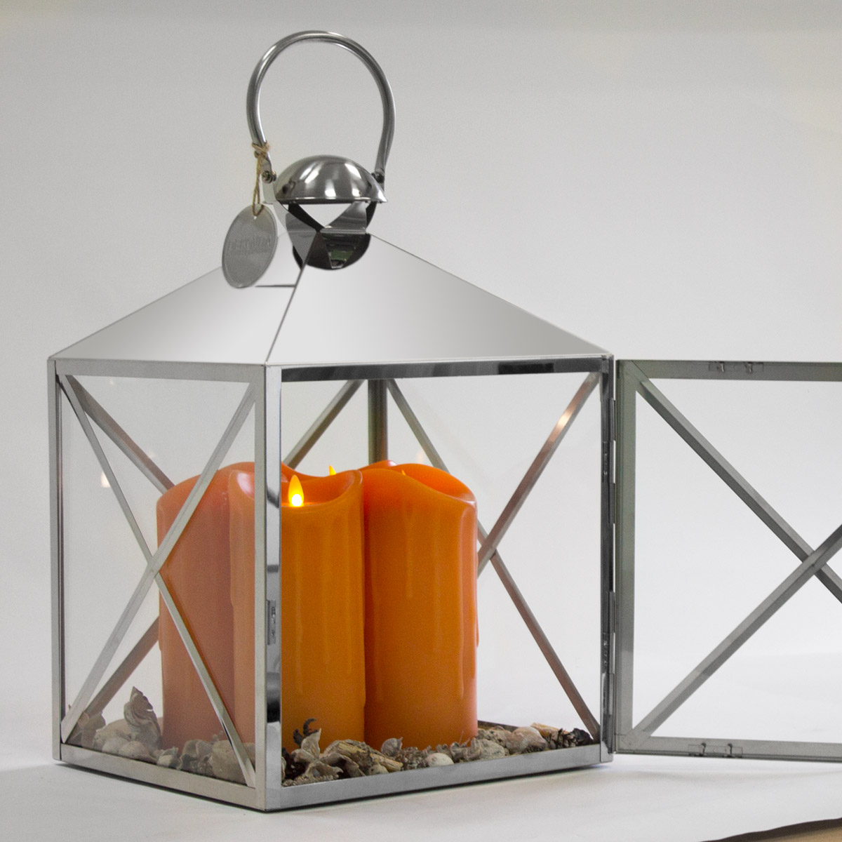 Dekovita-Set 2, Laterne mit Querstreben + 4 x 23cm Orange Tropfen LED-Kerze + 1 x Deko Weiss