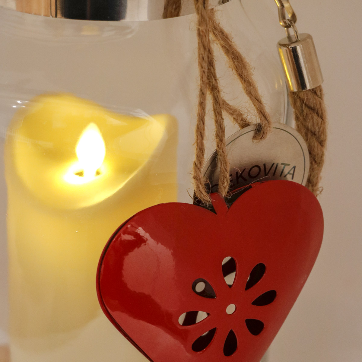 Dekovita, Glaslaterne, Valentin Edition, inkl. 18cm Weiß Outdoor-Kerze, rotes Herz, FB